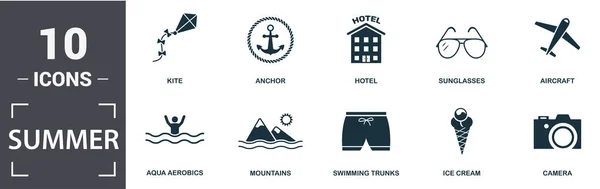 Summer icon set. Contain filled flat camera, sunglasses, aircraft, hotel, swimming trunks, ice cream icons. Editable format