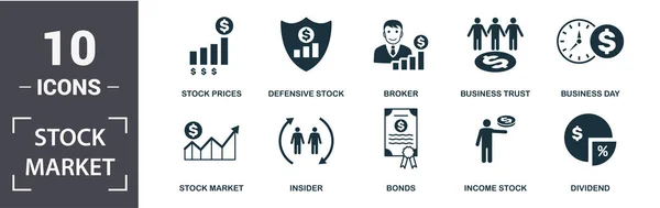 股市图标设置. 包含已填补的经纪人、股票价格、营业日、商业信托、股息、防御性股票图标. 可编辑格式 — 图库照片