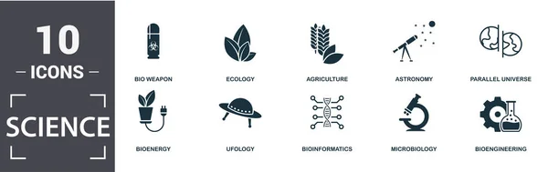 Science icon set. Contain filled flat agriculture, bioengineering, bioinformatics, bio weapon, parallel universe, ufology, ecology, microbiology icons. Editable format