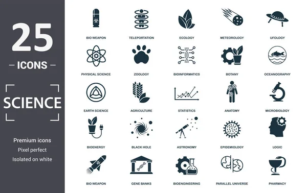 Science icon set. Contain filled flat agriculture, pharmacy, epidemiology, bio weapon, teleportation, parallel universe, bioenergy icons. Editable format.