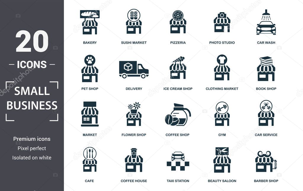 Small Business icon set. Contain filled flat market, taxi station, car wash, ice cream shop, bakery, book shop, barber shop icons. Editable format