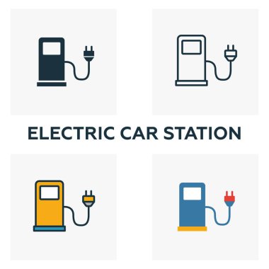 Elektrikli Otomobil İstasyonu anahat simgesi. Şehir öğeleri simgeleri koleksiyonundan ince stil tasarımı. Elektrikli otomobil istasyonu simgesipiksel mükemmel sembolü. Web tasarımı, uygulamalar, yazılım, baskı kullanımı