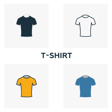 Tişört ikonu hazır. Kıyafet simgeleri koleksiyonundan farklı stillerde dört element. Yaratıcı tişört simgeleri doldurulmuş, ana hatlar, renkli ve düz semboller