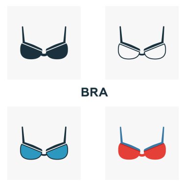 Sütyen ikonu hazır. Kıyafet simgeleri koleksiyonundan farklı stillerde dört element. Yaratıcı sütyen simgeleri, ana hatlar, renkli ve düz semboller