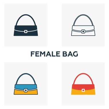 Kadın Çanta simgesi seti. Kıyafet simgeleri koleksiyonundan farklı stillerde dört element. Yaratıcı kadın çanta simgeleri doldurulmuş, ana hatlar, renkli ve düz semboller