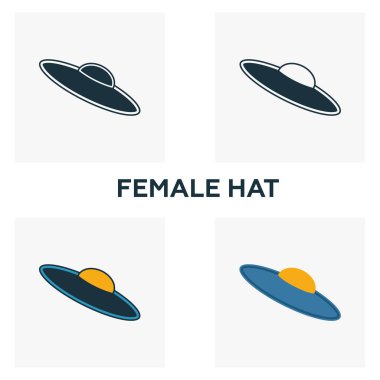 Dişi Şapka simgesi seti. Kıyafet simgeleri koleksiyonundan farklı stillerde dört element. Yaratıcı kadın şapka simgeleri doldurulmuş, ana hatları çizilmiş, renkli ve düz semboller