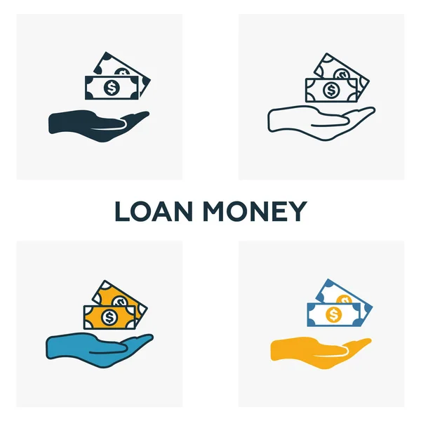 Loan Money icon set. Four elements in diferent styles from business management icons collection. Creative loan money icons filled, outline, colored and flat symbols — Stock Vector