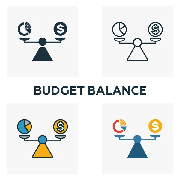 Balance presupuestario conjunto de iconos. Cuatro elementos en estilos diferentes de la colección de iconos de gestión empresarial. Iconos de balance de presupuesto creativo rellenos, contorno, símbolos de colores y planos — Archivo Imágenes Vectoriales