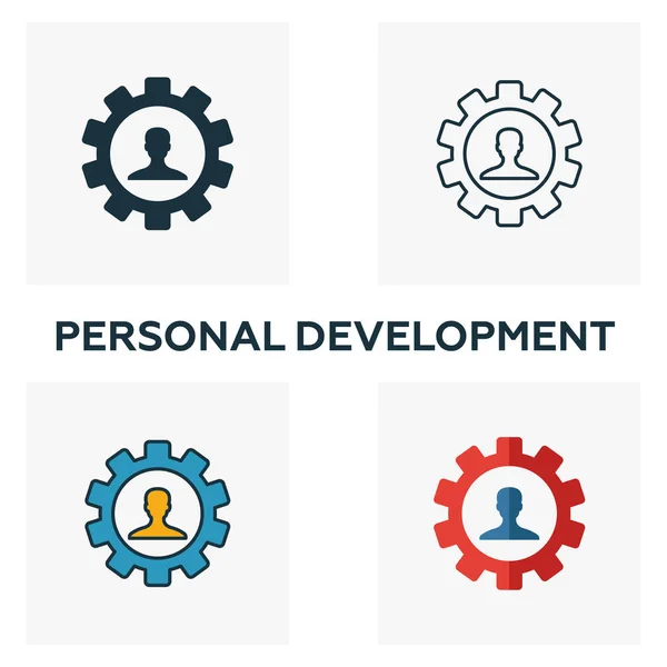 Conjunto de iconos de desarrollo personal. Cuatro elementos en estilos diferentes de la colección de iconos de gestión empresarial. Iconos de desarrollo personal creativos rellenos, contorno, símbolos de colores y planos — Vector de stock