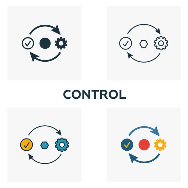 Conjunto de ícones de controle. Quatro elementos em estilos diferentes da coleção de ícones de gerenciamento de negócios. Ícones de controle criativo preenchidos, esboço, símbolos coloridos e planos —  Vetores de Stock