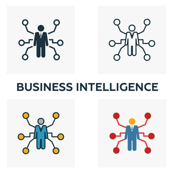 Ensemble d'icônes Business Intelligence. Quatre éléments dans des styles différents de la collection d'icônes de gestion d'entreprise. Icônes d'intelligence d'affaires créatives remplies, contour, symboles colorés et plats — Image vectorielle