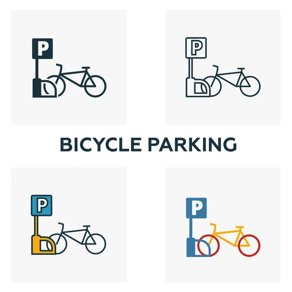 Ikona konturu parkingu rowerowego. Cienka stylistki z kolekcji elementów miejskich ikon. Pixel idealny symbol ikony parkingu rowerowego. Projektowanie stron internetowych, aplikacje, oprogramowanie, wykorzystanie druku — Wektor stockowy