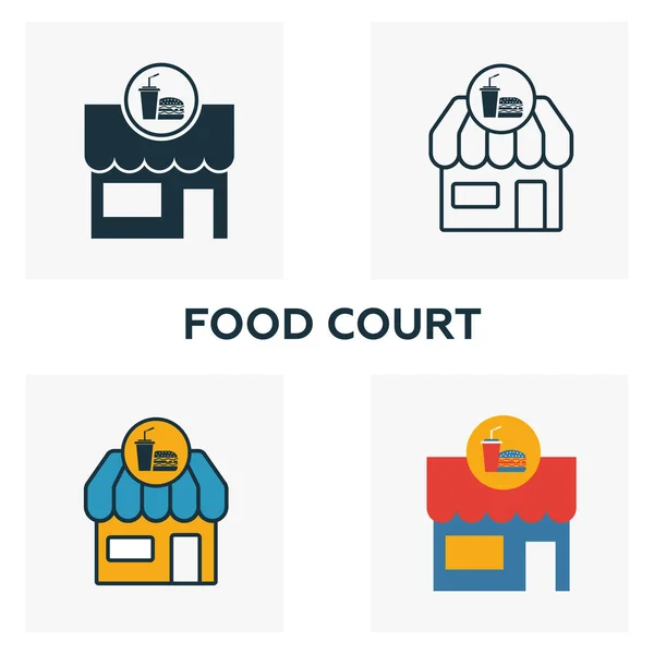 Élelmiszer-bíróság vázlatos ikonja. Vékony stílusú kialakítás a városi elemek ikonok gyűjteménye. Pixel tökéletes szimbóluma ételudvar ikonra. Web design, alkalmazások, szoftverek, nyomtatási kihasználtság — Stock Vector