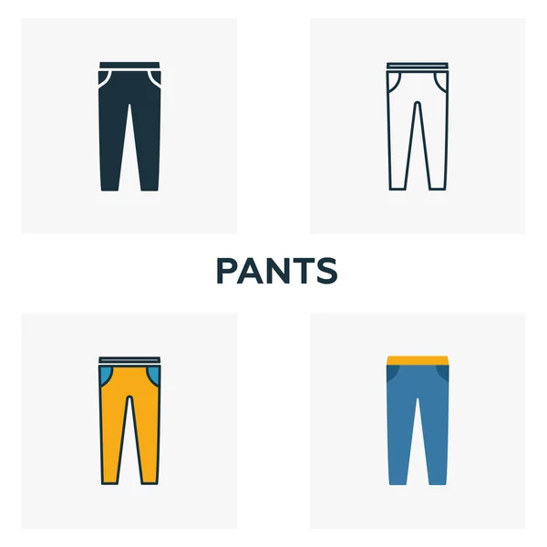 Набір значків для штанів. Чотири елементи в різних стилях з колекції іконок одягу. Креативні піктограми штанів заповнені, контурні, кольорові і плоскі символи — стоковий вектор