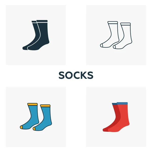 Socken Icon Set. vier Elemente in unterschiedlichen Stilen aus der Sammlung von Kleidersymbolen. Kreative Socken Symbole gefüllt, Umriss, farbige und flache Symbole — Stockvektor