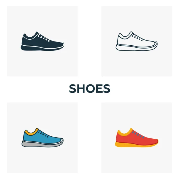 Set de iconos de zapatos. Cuatro elementos en estilos diferentes de la colección de iconos de la ropa. Iconos de zapatos creativos rellenos, contorno, símbolos de colores y planos — Archivo Imágenes Vectoriales