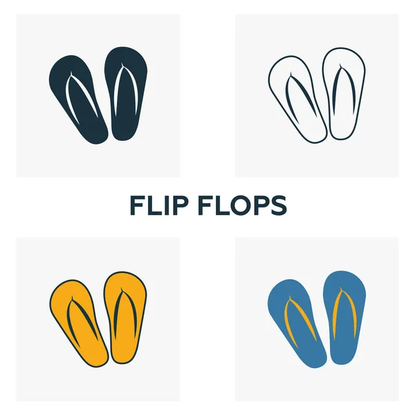 Conjunto de iconos Flip Flops. Cuatro elementos en estilos diferentes de la colección de iconos de la ropa. Chanclas creativas iconos rellenos, contorno, colores y símbolos planos — Archivo Imágenes Vectoriales