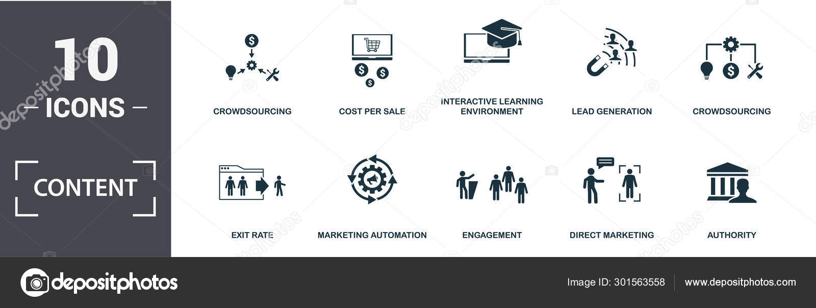 Content icon set. Contain filled flat content optimization, content ...