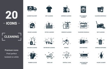 Temizleme kümesi simgeleri koleksiyonu. Loundry Delivery, Dry Cleaning, Express Cleaning, Self-Servis Laundry, Cleaning Materials, Banyo Temizleme ve Ütü prim ikonları gibi basit unsurları içerir