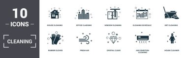 Temizleme kümesi simgeleri koleksiyonu. Ev Temizliği, Ofis Temizliği, Pencere Temizliği, Temizlik Çizelgesi, Islı Temizleme, Temiz Hava ve Kristal Berraklığında premium simgeler gibi basit öğeleri içerir