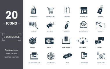 E-Ticaret, simgeleri toplamayı ayarlar. Alışveriş Çantası, Alışveriş Sepeti, İstek Listesi, Pazar Yeri, Fiyat Etiketi, Cüzdan ve Online Ödeme prim ikonları gibi basit öğeleri içerir