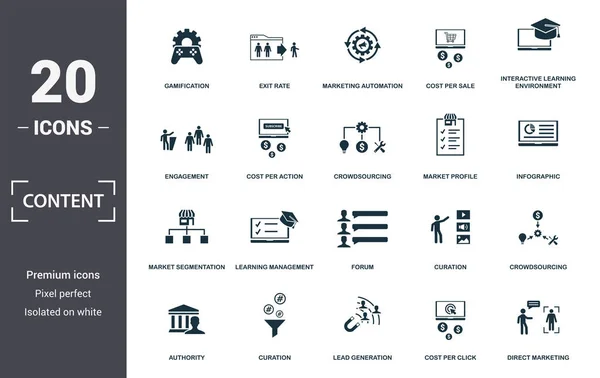 Content icon set. Contain filled flat cms, content plan, content creator, viral content, viral marketing, media plan, social content icons. Editable format — ストック写真