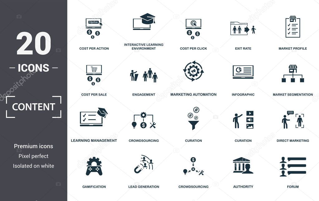 Content icon set. Contain filled flat cost per action, cost per sale, crowdsourcing, curation, engagement, forum, infographic icons. Editable format.