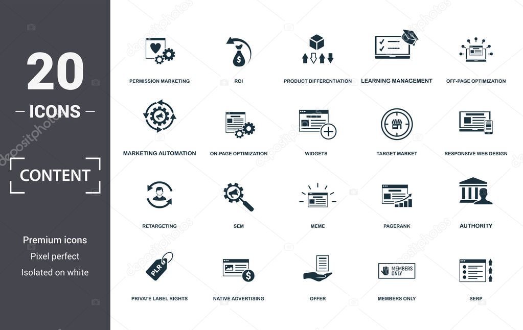 Content icon set. Contain filled flat members only, native advertising, off-page optimization, pagerank, private label rights, responsive web design, return on investment icons. Editable format.