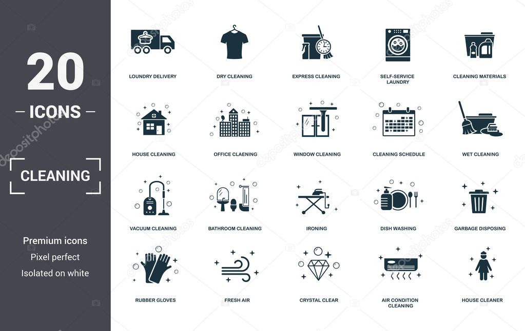 Cleaning set icons collection. Includes simple elements such as Loundry Delivery, Dry Cleaning, Express Cleaning, Self-Service Laundry, Cleaning Materials, Bathroom Cleaning and Ironing premium icons