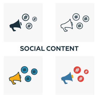 Sosyal içerik simgesi seti. İçerik simgeleri koleksiyonundan farklı stillerde dört element. Yaratıcı sosyal içerik simgeleri doldurulmuş, özet çizilmiş, renkli ve düz semboller