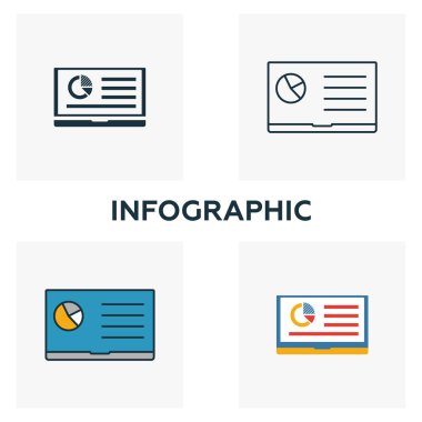 Bilgi simgesi seti. İçerik simgeleri koleksiyonundan farklı stillerde dört element. Yaratıcı bilgi simgeleri doldurulmuş, ana hatlar, renkli ve düz semboller