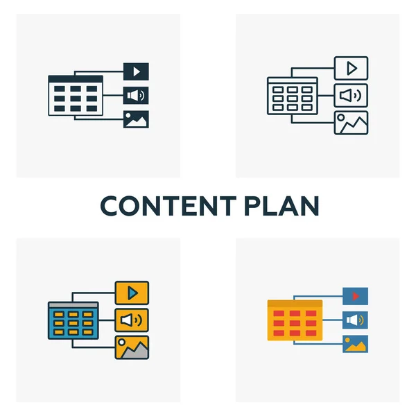 Набор значков Content Plan. Четыре элемента в разных стилях от коллекции иконок контента. Иконки плана креативного содержания заполненные, наброски, цветные и плоские символы — стоковый вектор