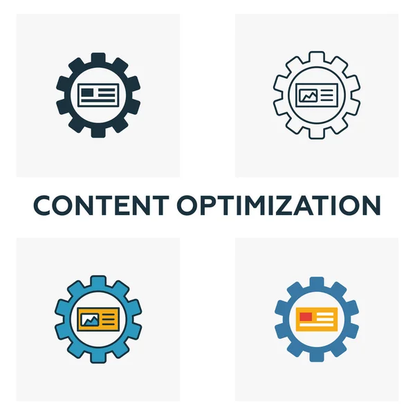 Content Optimization icon set. Four elements in diferent styles from content icons collection. Creative content optimization icons filled, outline, colored and flat symbols — 스톡 벡터