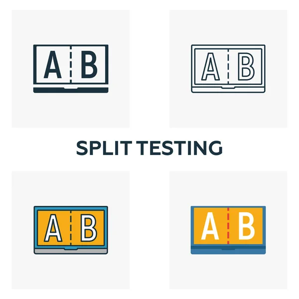 Aufgespaltene Testsymbole. vier Elemente in unterschiedlichen Stilen aus der Sammlung von Inhaltssymbolen. Creative Split-Testsymbole gefüllt, Umrisse, farbige und flache Symbole — Stockvektor