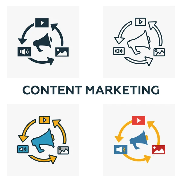 Content Marketing icoon set. Vier elementen in verschillende stijlen van de inhoud pictogrammen collectie. Creatieve content marketing pictogrammen gevuld, omtrek, gekleurde en platte symbolen — Stockvector