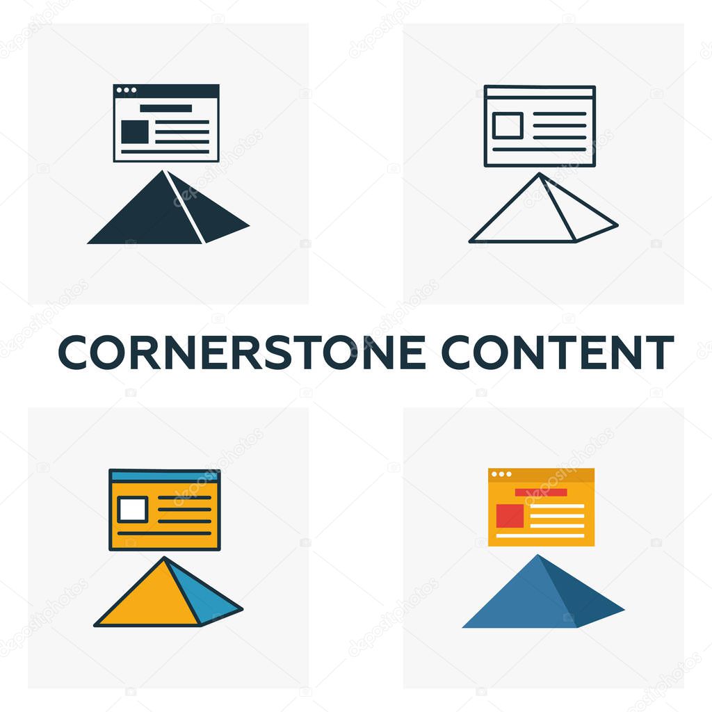 Cornerstone Content icon set. Four elements in diferent styles from content icons collection. Creative cornerstone content icons filled, outline, colored and flat symbols