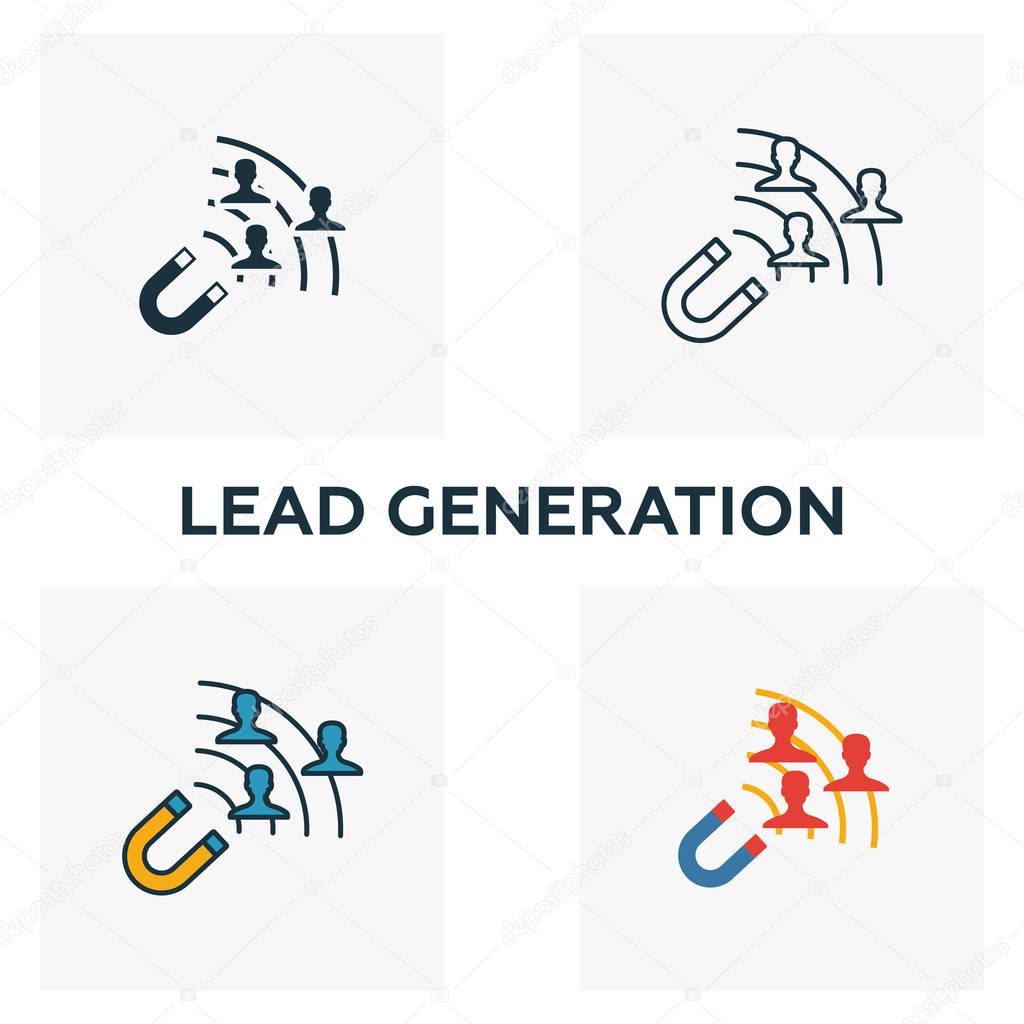 Lead Generation icon set. Four elements in diferent styles from content icons collection. Creative lead generation icons filled, outline, colored and flat symbols.
