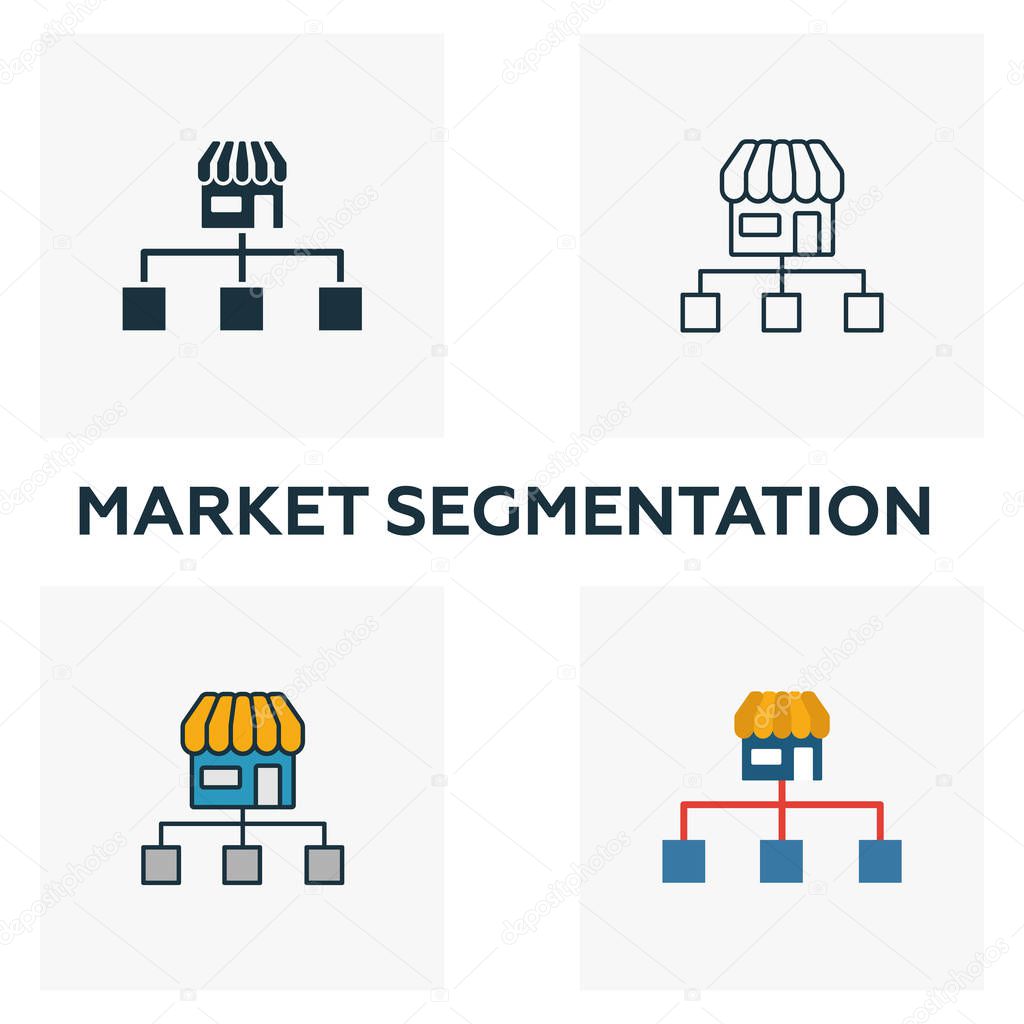 Market Segmentation icon set. Four elements in diferent styles from content icons collection. Creative market segmentation icons filled, outline, colored and flat symbols.