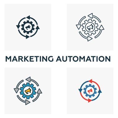 Pazarlama Otomasyon simgesi ayarlandı. İçerik simgeleri koleksiyonundan farklı stillerde dört element. Yaratıcı pazarlama otomasyon simgeleri doldurulmuş, ana hatlar, renkli ve düz semboller