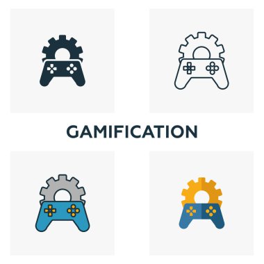 Gamification simgesi seti. İçerik simgeleri koleksiyonundan farklı stillerde dört element. Yaratıcı gamifikasyon simgeleri doldurulmuş, ana hatlar, renkli ve düz semboller