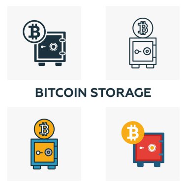 Bitcoin Depolama simgesi seti. Şifreleme para birimi simgeleri koleksiyonundan farklı stillerde dört element. Yaratıcı bitcoin depolama simgeleri doldurulmuş, ana hatlar, renkli ve düz semboller