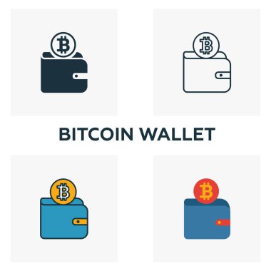 Bitcoin Cüzdan simgesi seti. Şifreleme para birimi simgeleri koleksiyonundan farklı stillerde dört element. Yaratıcı bitcoin cüzdan simgeleri doldurulmuş, ana hatlar, renkli ve düz semboller