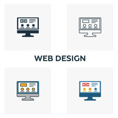 Web Tasarım simgesi seti. Dizayn ui ve ux simgeleri koleksiyonundan farklı stillerde dört element. Yaratıcı web tasarım simgeleri doldurulmuş, ana hatlar, renkli ve düz semboller
