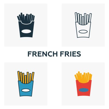 Fransız kızartma ikonu seti. Fast food ikonları koleksiyonundan farklı stillerde dört element. Yaratıcı patates kızartması simgeleri doldurulmuş, ana hatları, renkli ve düz semboller