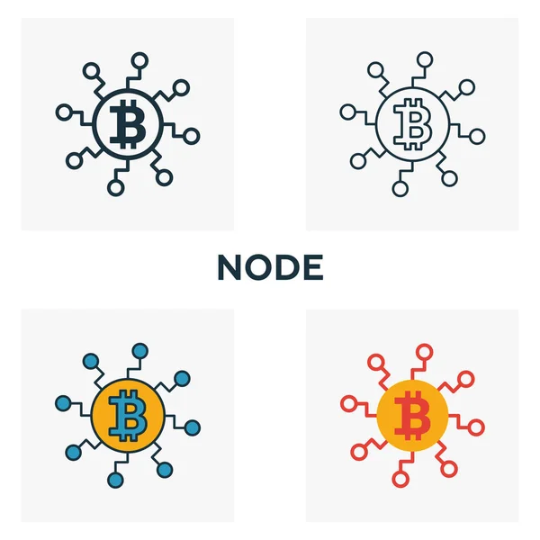 Conjunto de iconos de nodo. Cuatro elementos en estilos diferentes de la colección de iconos criptomoneda. Iconos de nodo creativo rellenos, contorno, símbolos de colores y planos — Archivo Imágenes Vectoriales