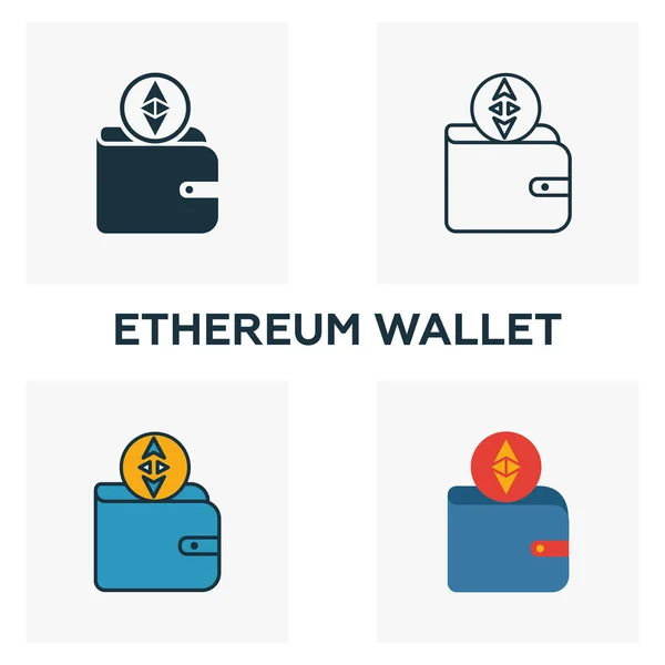 Σύνολο εικονιδίων Ethereum Wallet. Τέσσερα στοιχεία σε διαφορετικά στυλ από τη συλλογή εικονιδίων κρυπτονομισμάτων. Creative ethereum πορτοφόλι εικόνες γεμάτο, περίγραμμα, χρωματιστά και επίπεδα σύμβολα — Διανυσματικό Αρχείο