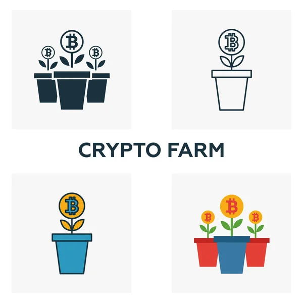 Crypto Farm icon set. Patru elemente în stiluri diferite de colecția de icoane cripto valutare. Icoane de fermă cripto creative umplute, contur, simboluri colorate și plate — Vector de stoc