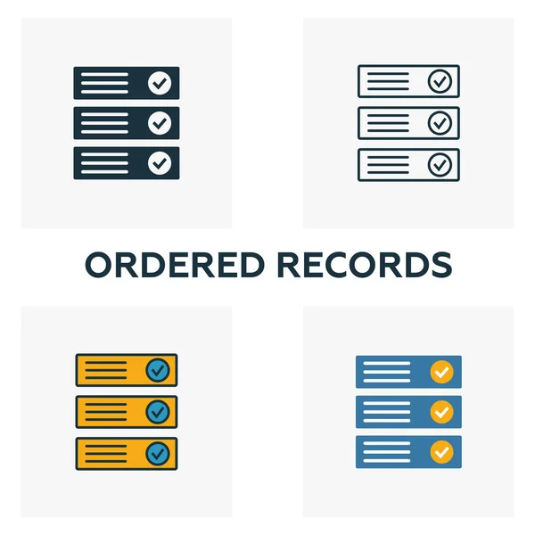 Registros ordenados conjunto de ícones. Quatro elementos em estilos diferentes da coleção de ícones criptomoeda. Ícones de registros ordenados criativos preenchidos, esboço, símbolos coloridos e planos — Vetor de Stock