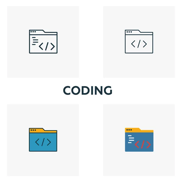 Coding icon set. Four elements in diferent styles from design ui and ux icons collection. Creative coding icons filled, outline, colored and flat symbols — Stock Vector