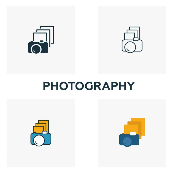 Εικονίδιο φωτογραφίας. Τέσσερα στοιχεία σε διαφορετικά στυλ από το σχεδιασμό ui και ux συλλογή εικόνων. Δημιουργικές εικόνες φωτογραφίας γεμάτες, περίγραμμα, χρωματιστά και επίπεδα σύμβολα — Διανυσματικό Αρχείο